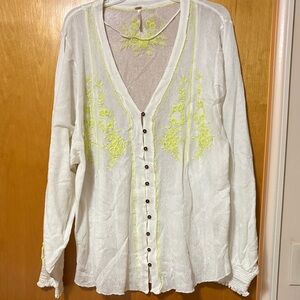 Free People White Blouse with light green Embroidery